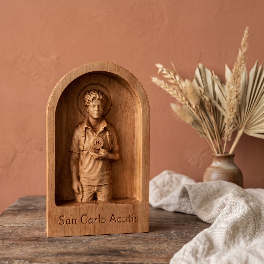 San Carlo Acutis — relieve en madera 10 cm